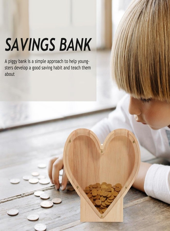 FOYTOKI Heart Shaped Wooden Piggy Bank for Kids - Clear Coin Bank Money Saving Box for Mother's Day Decoration - Image 3